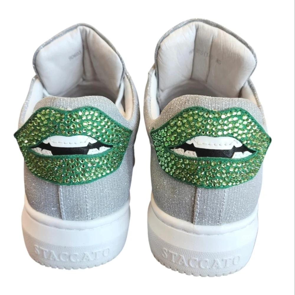 Staccato Sparkly Silver Sneakers with‎ FUNKY Green Mouth Design Women’s Sneakers